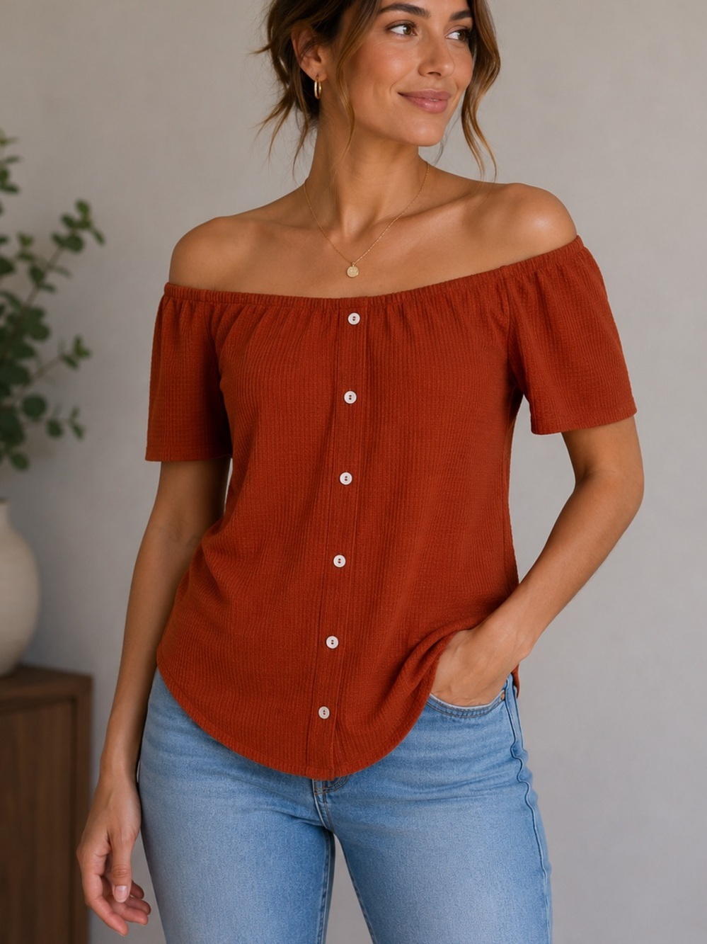 CLEO Petites Faux Button Up Off Thé Shoulder Blouse